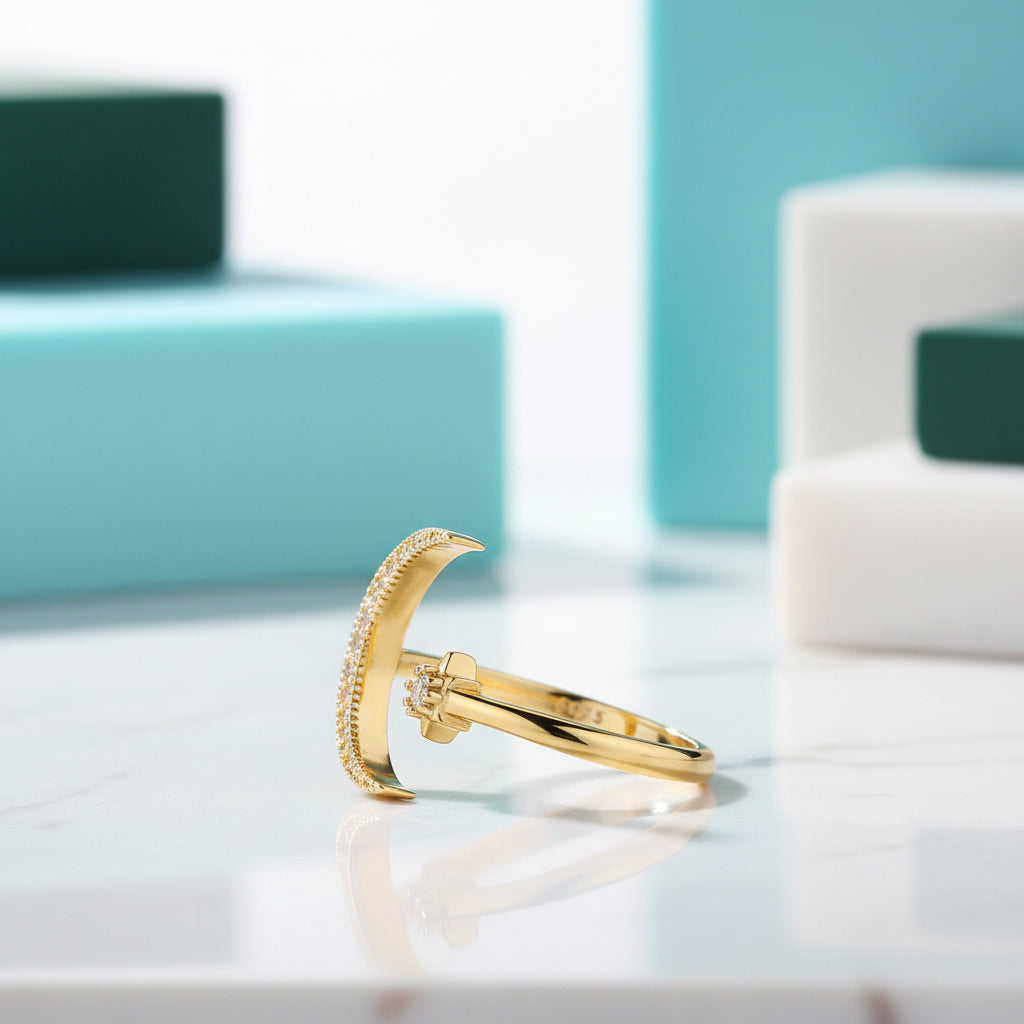 Crescent Moon & Star Yellow Gold Adjustable Open Ring-Evani Jewelry