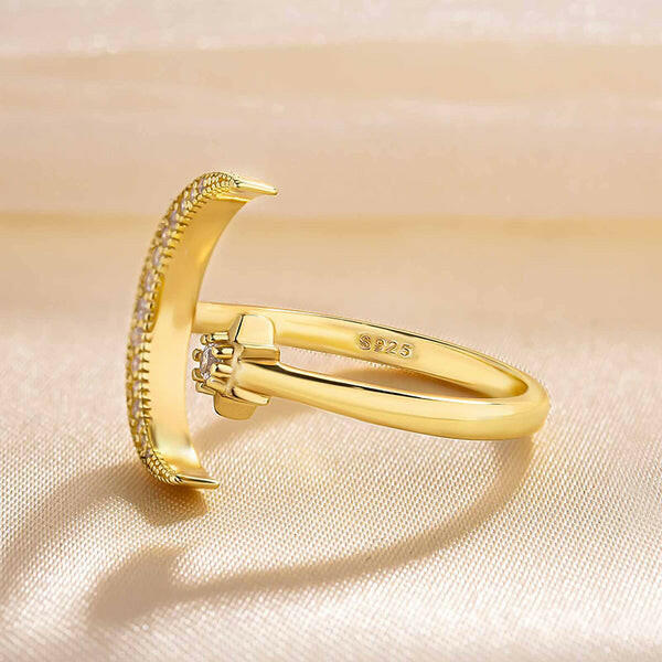 Crescent Moon & Star Yellow Gold Adjustable Open Ring-Evani Naomi Jewelry