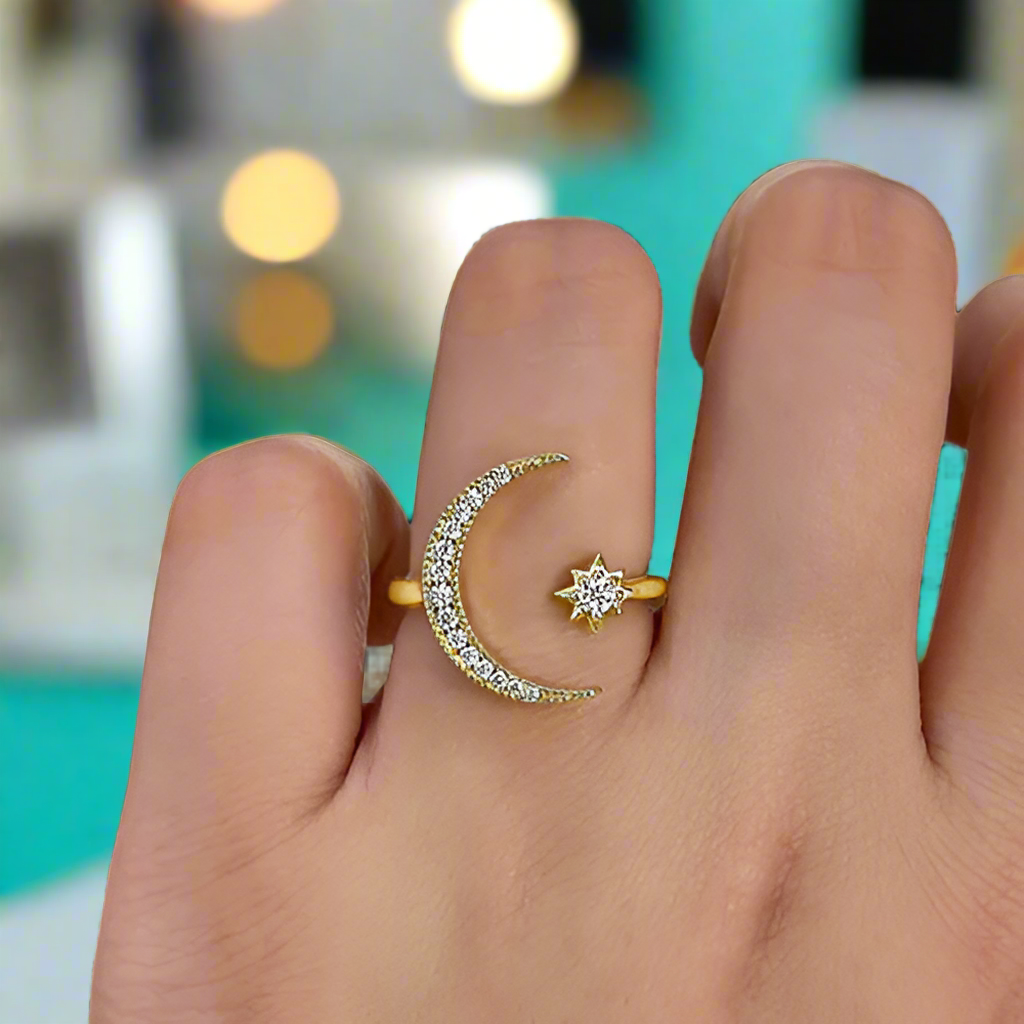 Crescent Moon & Star Yellow Gold Adjustable Open Ring-Evani Naomi Jewelry