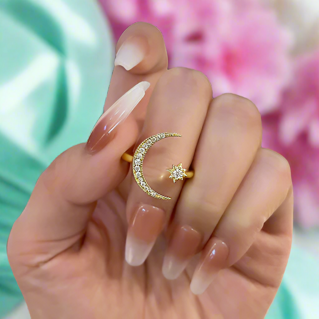 Crescent Moon & Star Yellow Gold Adjustable Open Ring-Evani Naomi Jewelry