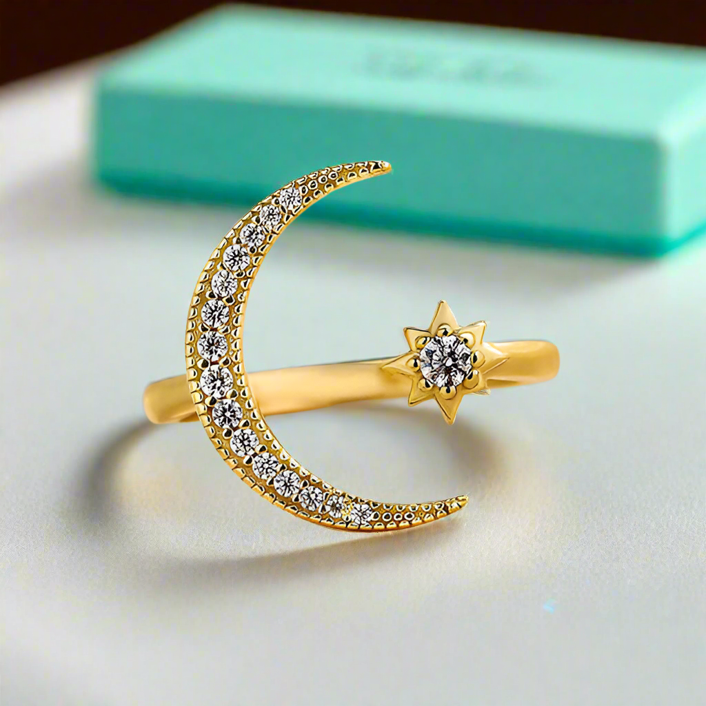 Crescent Moon & Star Yellow Gold Adjustable Open Ring-Evani Naomi Jewelry