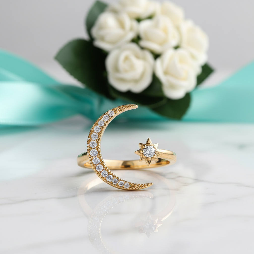 Crescent Moon & Star Yellow Gold Adjustable Open Ring-Evani Jewelry