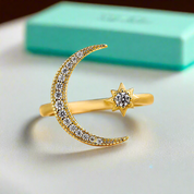 Crescent Moon & Star Yellow Gold Adjustable Open Ring-Evani Naomi Jewelry