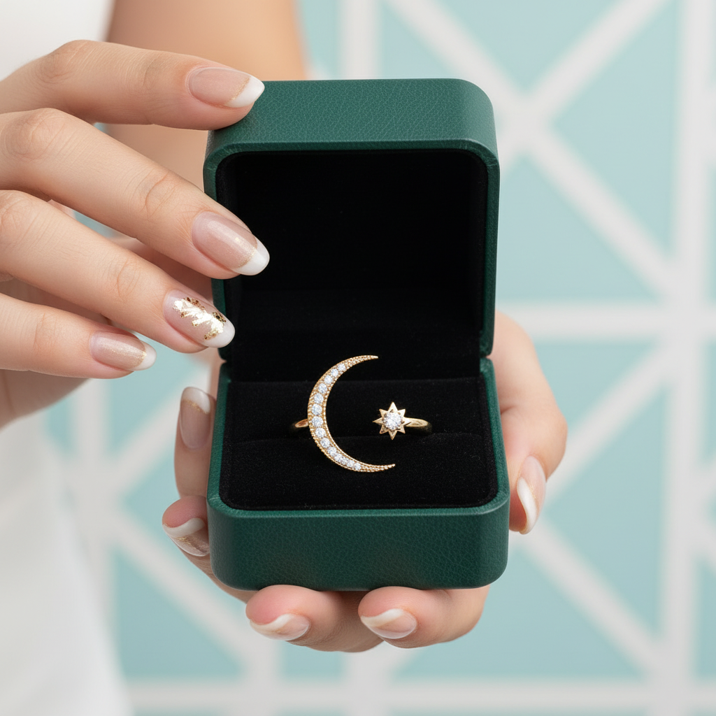 Crescent Moon & Star Yellow Gold Adjustable Open Ring - Evani Naomi Jewelry