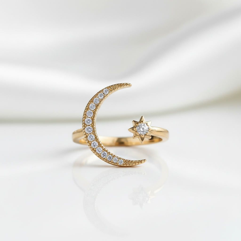 Crescent Moon & Star Yellow Gold Adjustable Open Ring - Evani Naomi Jewelry