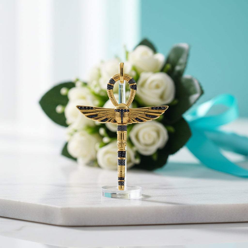 Cross of Life Ankh with Scarab Golden Pendant-Evani Jewelry