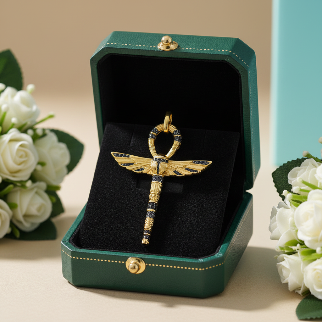 Cross of Life Ankh with Scarab Golden Pendant - Evani Naomi Jewelry