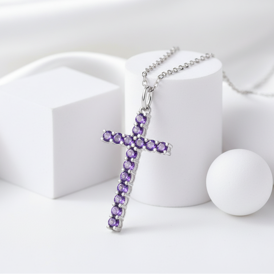 0.90 ct Cross Pendant Amethyst Necklace-Evani Jewelry