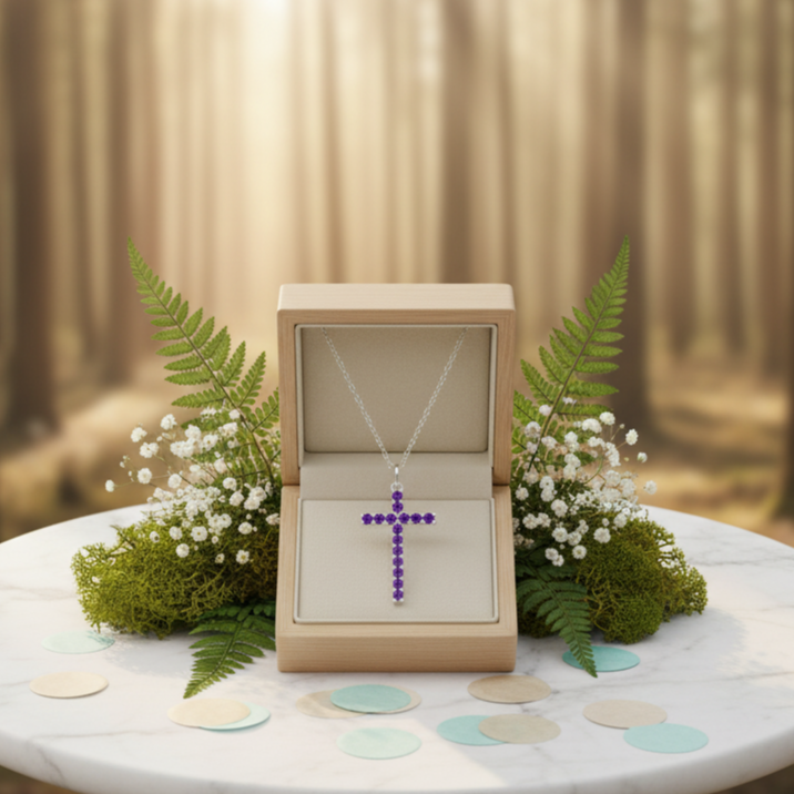 Cross necklace in an open box on a marble table with a forest background
