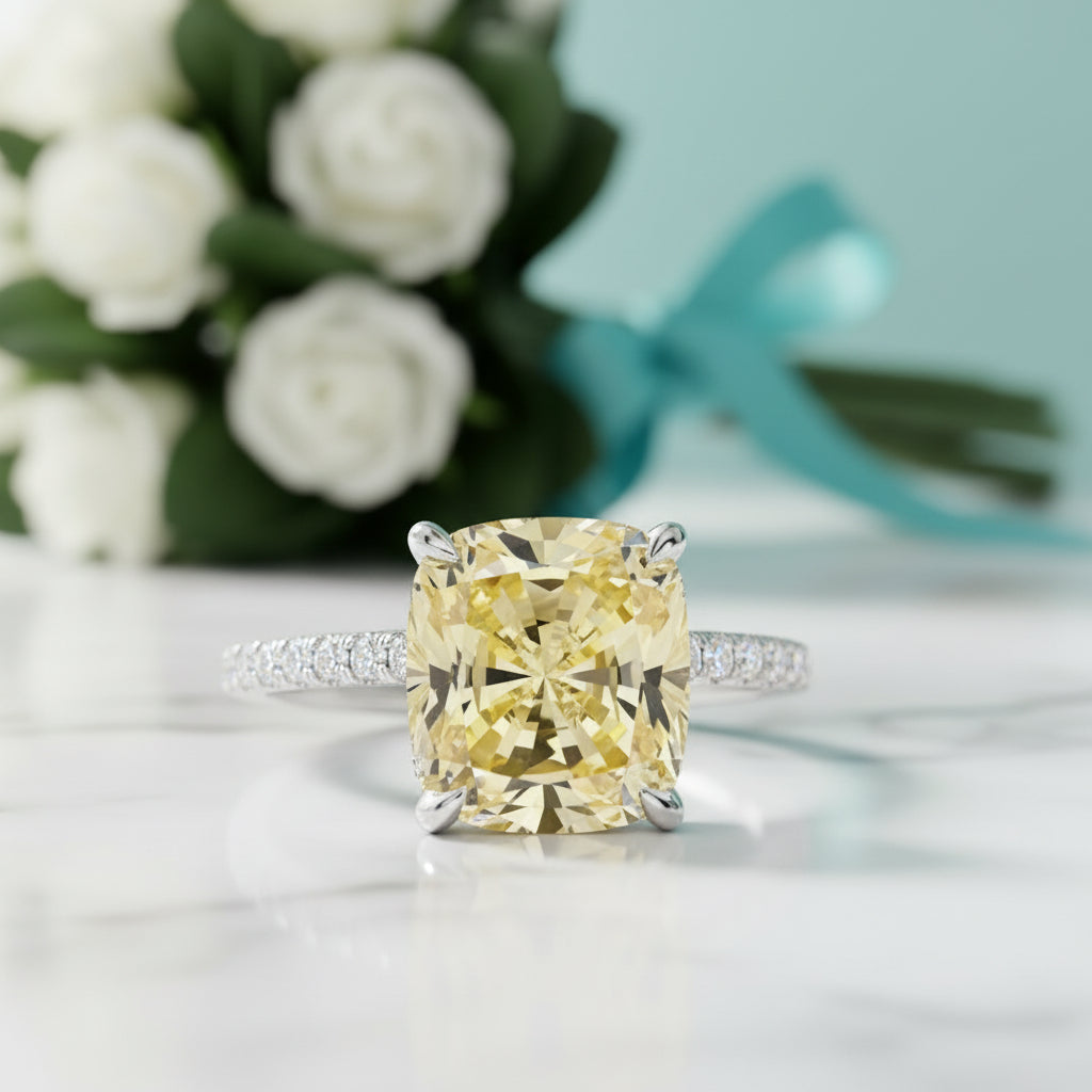 Cushion Cut 3.0 ct Yellow Sapphire Diamond Engagement Ring-Evani Jewelry