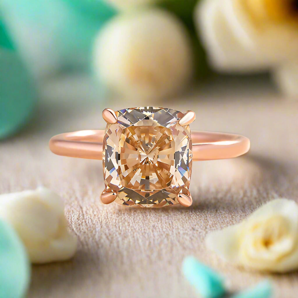 Cushion Cut 3.0ct Champagne Diamond Rose Gold Engagement Ring-Evani Jewelry