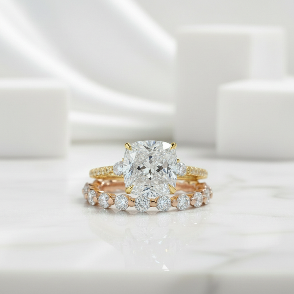3.5ct Cushion Cut Diamond Birthstone Bridal Set-Evani Jewelry