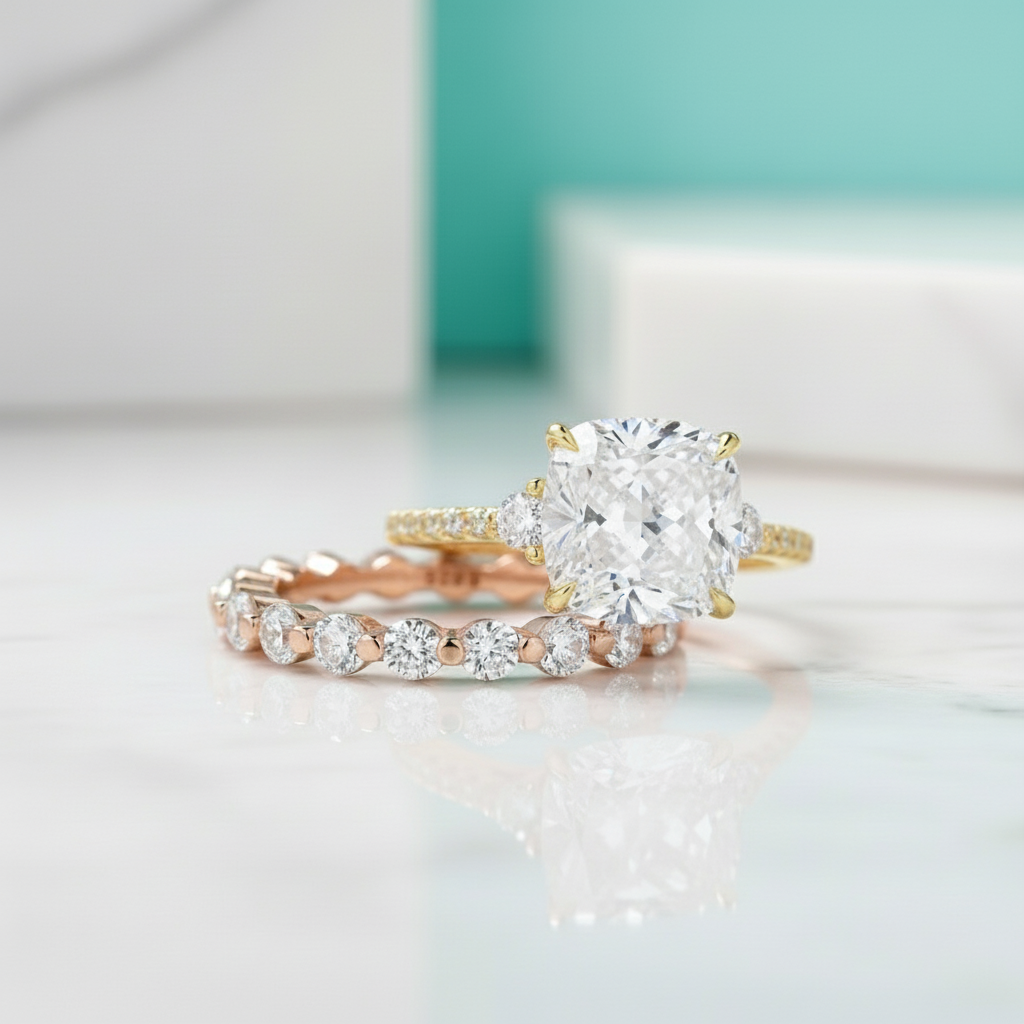 3.5ct Cushion Cut Diamond Birthstone Bridal Set-Evani Jewelry