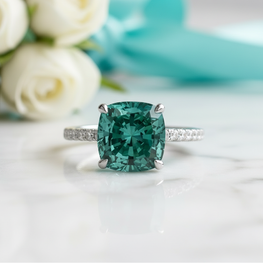 Cushion Cut 3.5 ct Paraiba Emerald Engagement Ring-Evani Jewelry