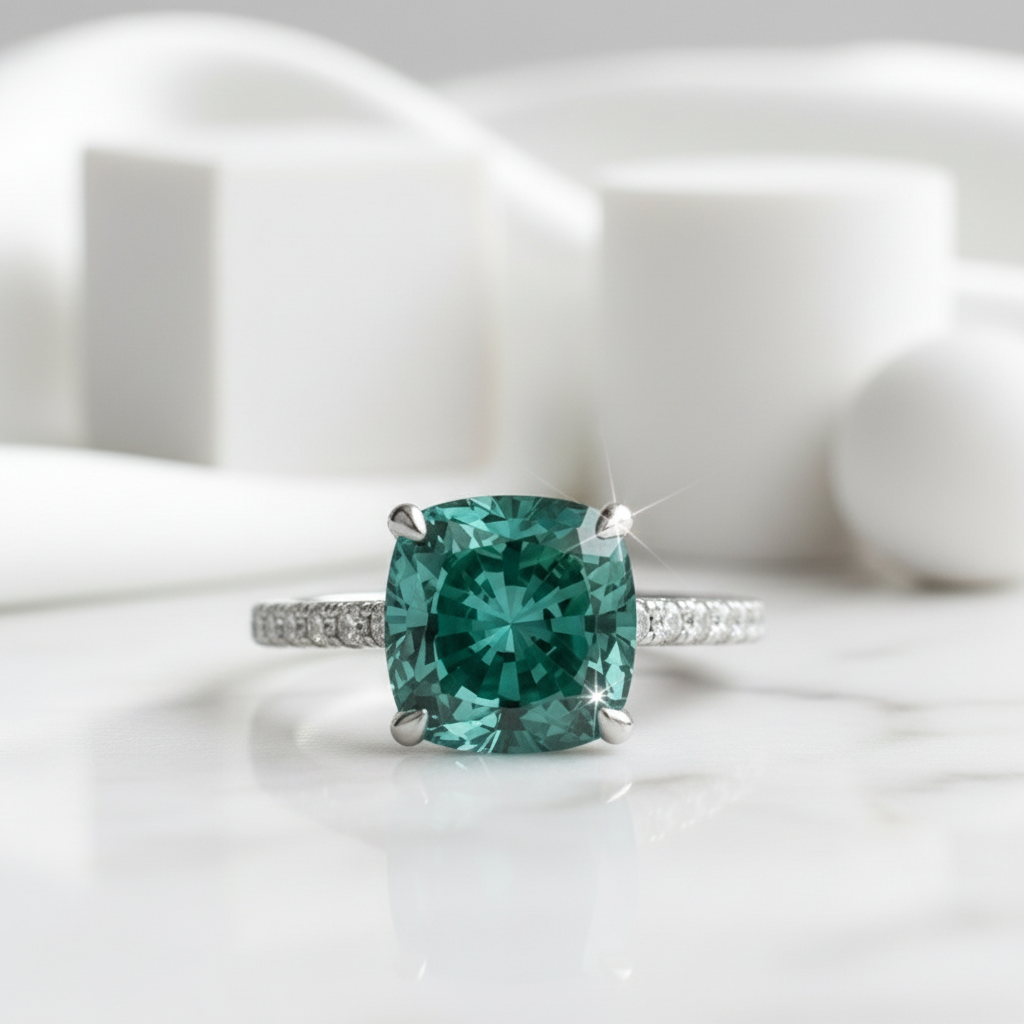 Cushion Cut 3.5 ct Paraiba Emerald Engagement Ring-Evani Jewelry