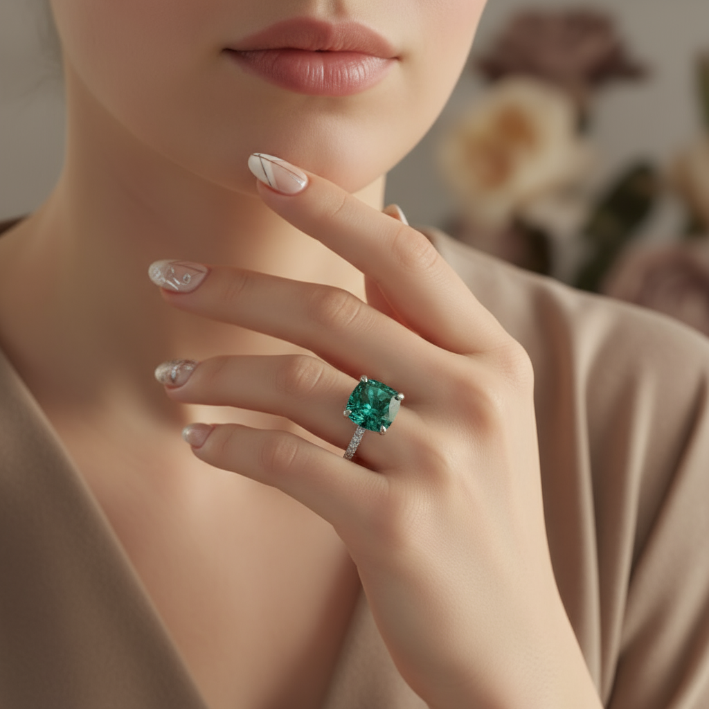 Cushion Cut 3.5 ct Paraiba Emerald Diamond Engagement Ring - Evani Naomi Jewelry