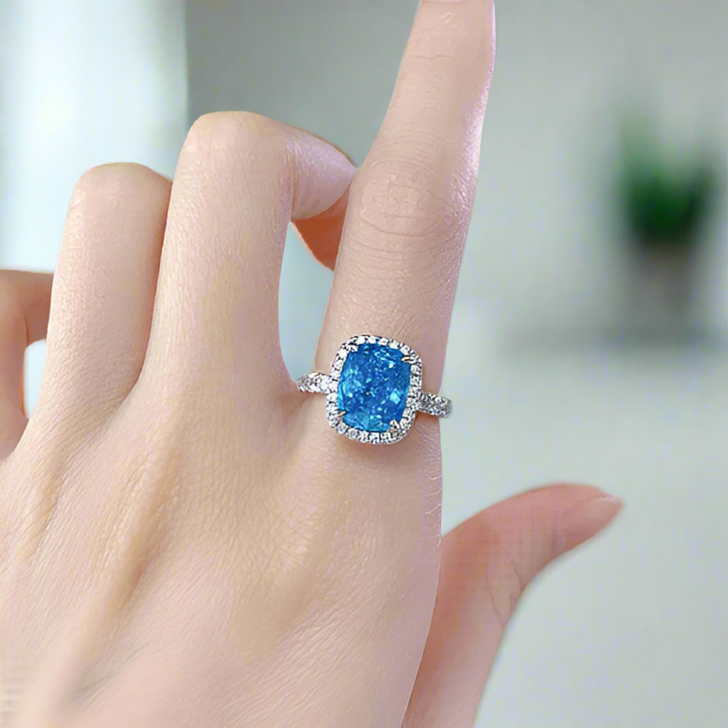 Cushion Cut 4.0ct Aquamarine Blue with Halo Engagement Ring-Evani Naomi Jewelry