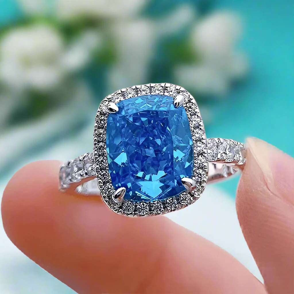 Cushion Cut 4.0ct Aquamarine Blue with Halo Engagement Ring-Evani Naomi Jewelry