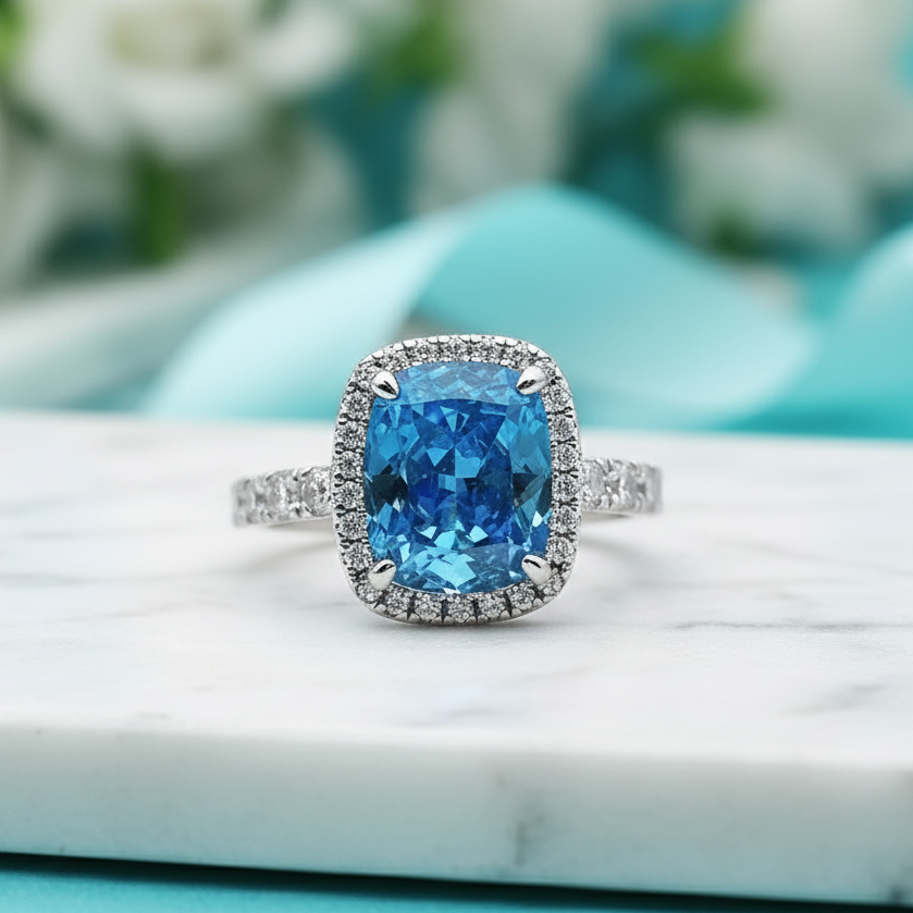 Cushion Cut 4.0ct Aquamarine with Halo Engagement Ring-Evani Jewelry