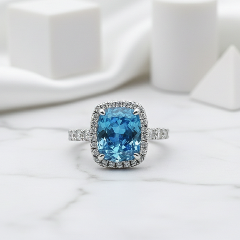 Cushion Cut 4.0ct Aquamarine with Halo Engagement Ring-Evani Jewelry