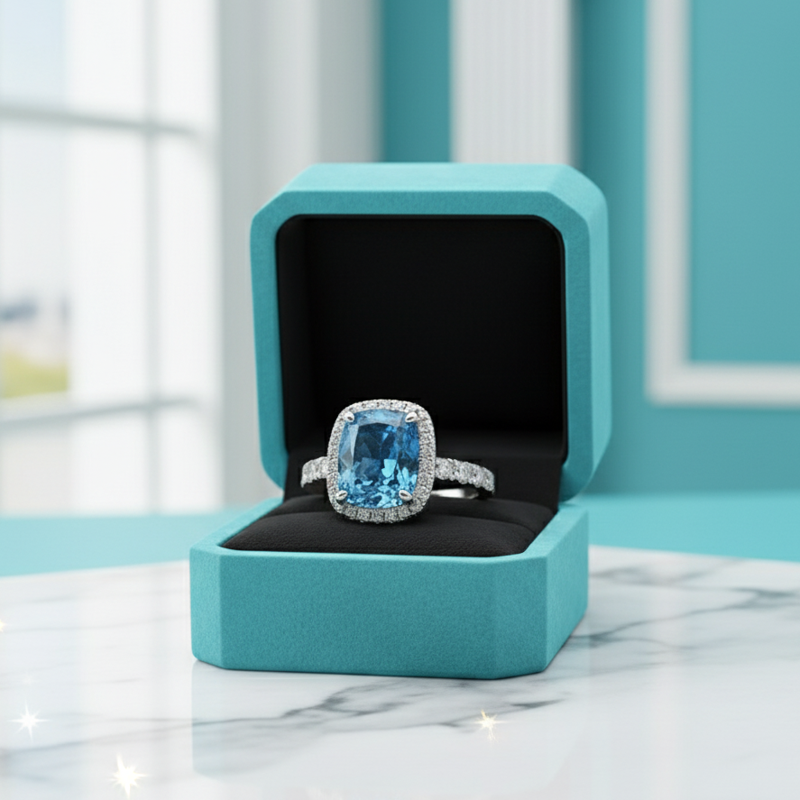 Cushion Cut 4.0ct Aquamarine with Halo Engagement Ring-Evani Jewelry