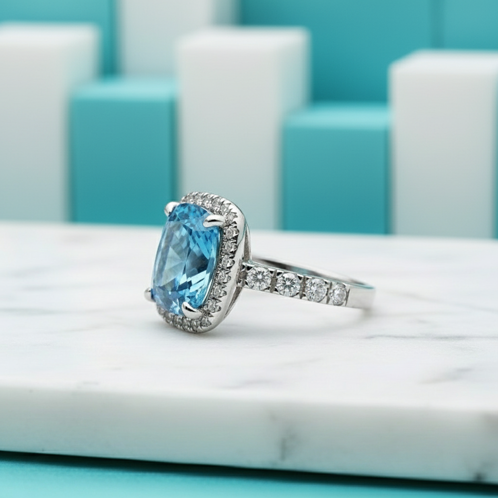 Cushion Cut 4.0ct Aquamarine with Halo Engagement Ring-Evani Jewelry