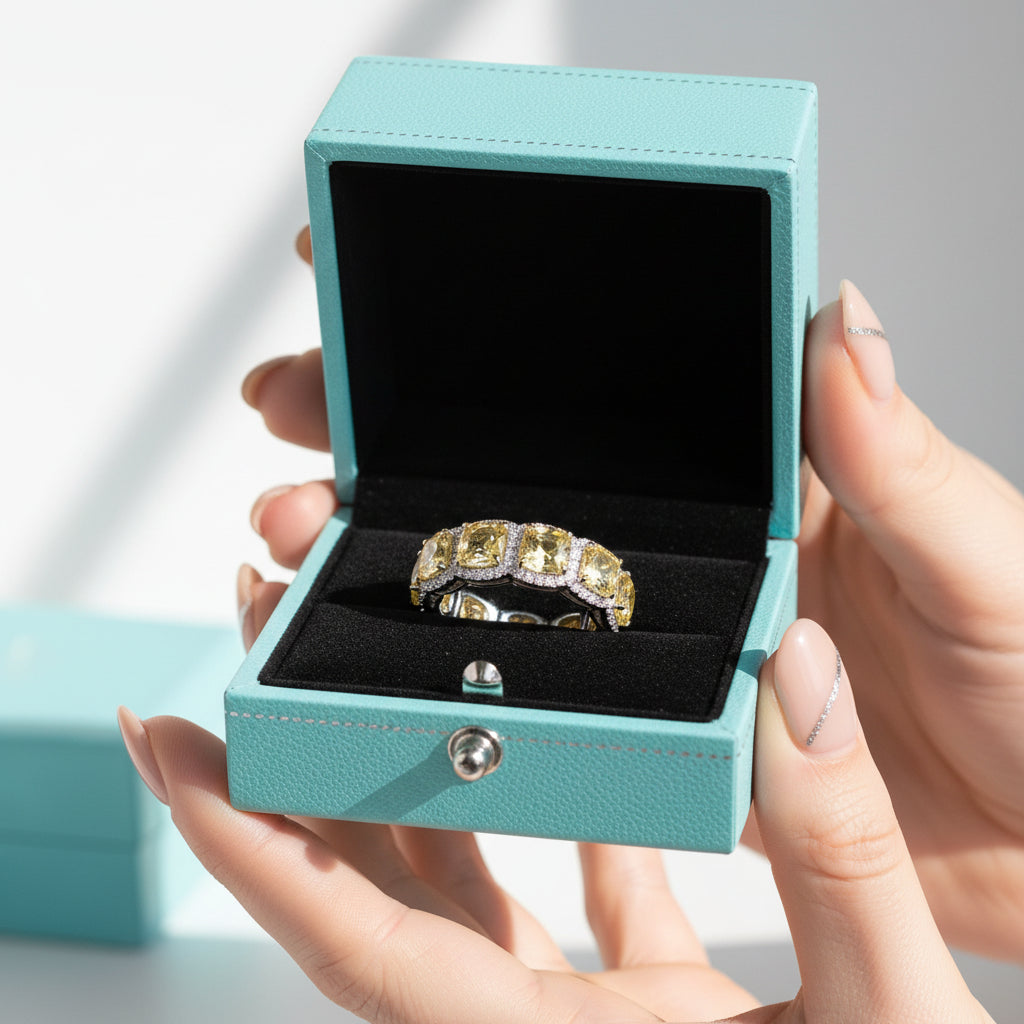 Cushion Cut 5.0ct Yellow Sapphire with Halo Wedding Band-Evani Jewelry