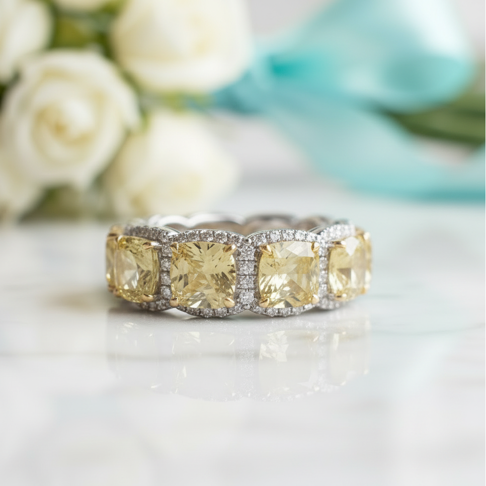 Cushion Cut 5.0ct Topaz with Halo Wedding Band - Evani Naomi Jewelry