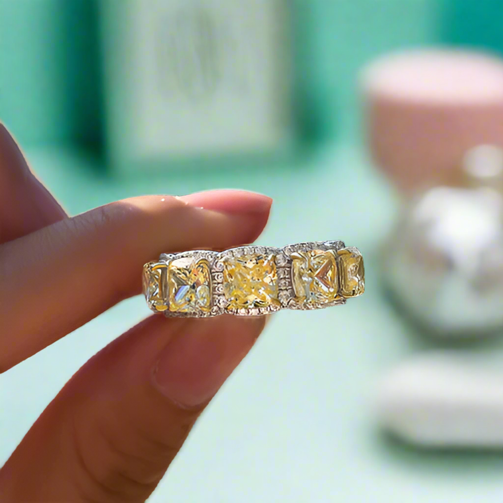 Cushion Cut 5.0ct Yellow Sapphire with Halo Wedding Band-Evani Naomi Jewelry