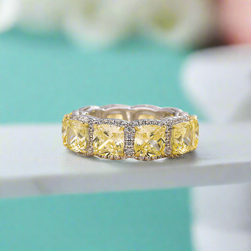 Cushion Cut 5.0ct Yellow Sapphire with Halo Wedding Band-Evani Naomi Jewelry