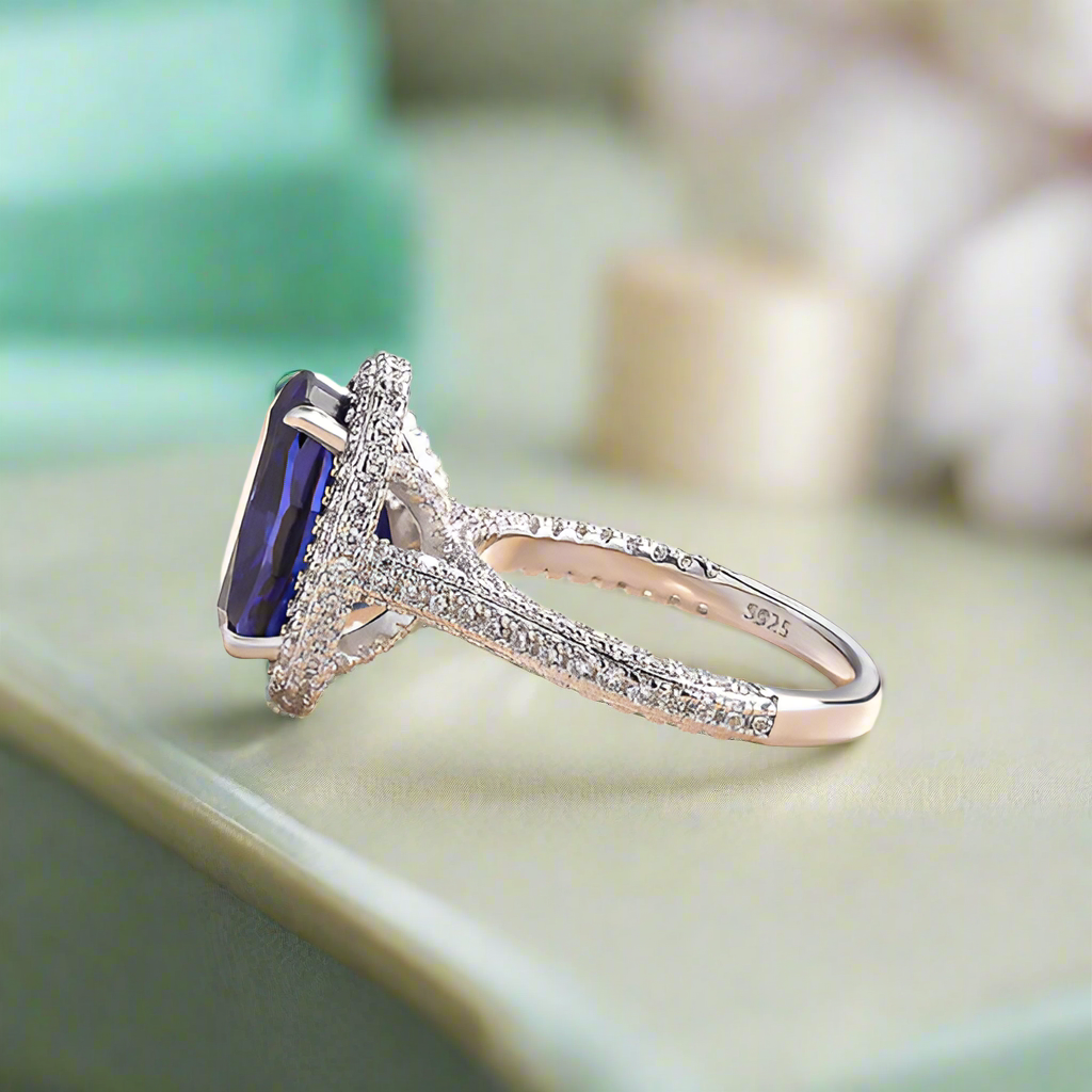 Cushion Cut 8.0ct Blue Sapphire with Halo Engagement Ring-Evani Naomi Jewelry