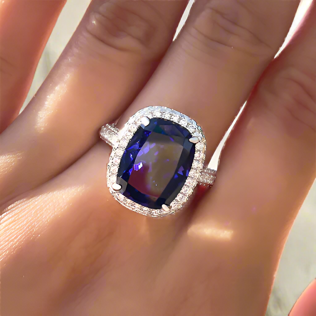 Cushion Cut 8.0ct Blue Sapphire with Halo Engagement Ring-Evani Naomi Jewelry