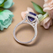 Cushion Cut 8.0ct Blue Sapphire with Halo Engagement Ring-Evani Naomi Jewelry