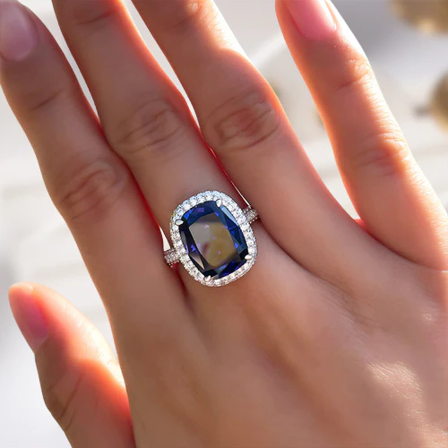 Cushion Cut 8.0ct Blue Sapphire with Halo Engagement Ring-Evani Naomi Jewelry