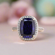 Cushion Cut 8.0ct Blue Sapphire with Halo Engagement Ring-Evani Naomi Jewelry