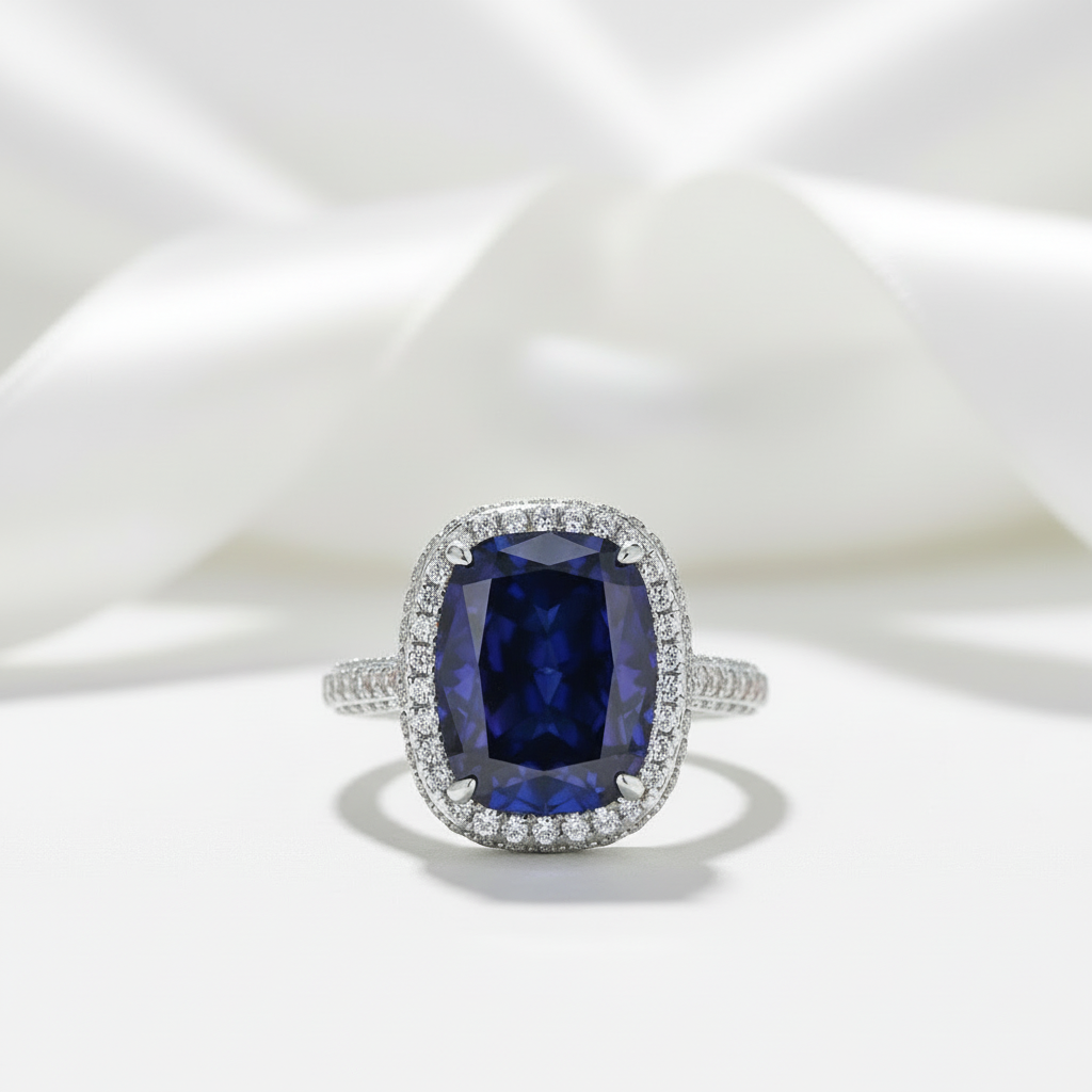 Cushion Cut 8.0ct Blue Sapphire with Halo Engagement Ring