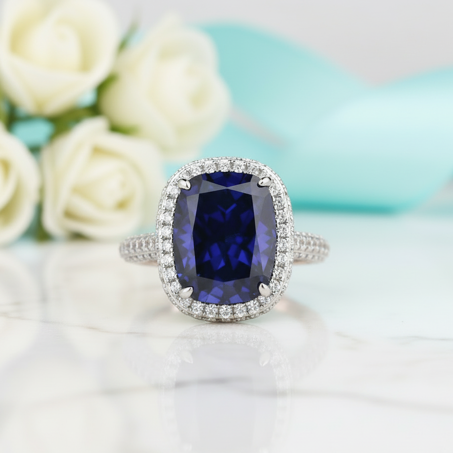 Cushion Cut 8.0ct Blue Sapphire with Halo Engagement Ring - Evani Naomi Jewelry
