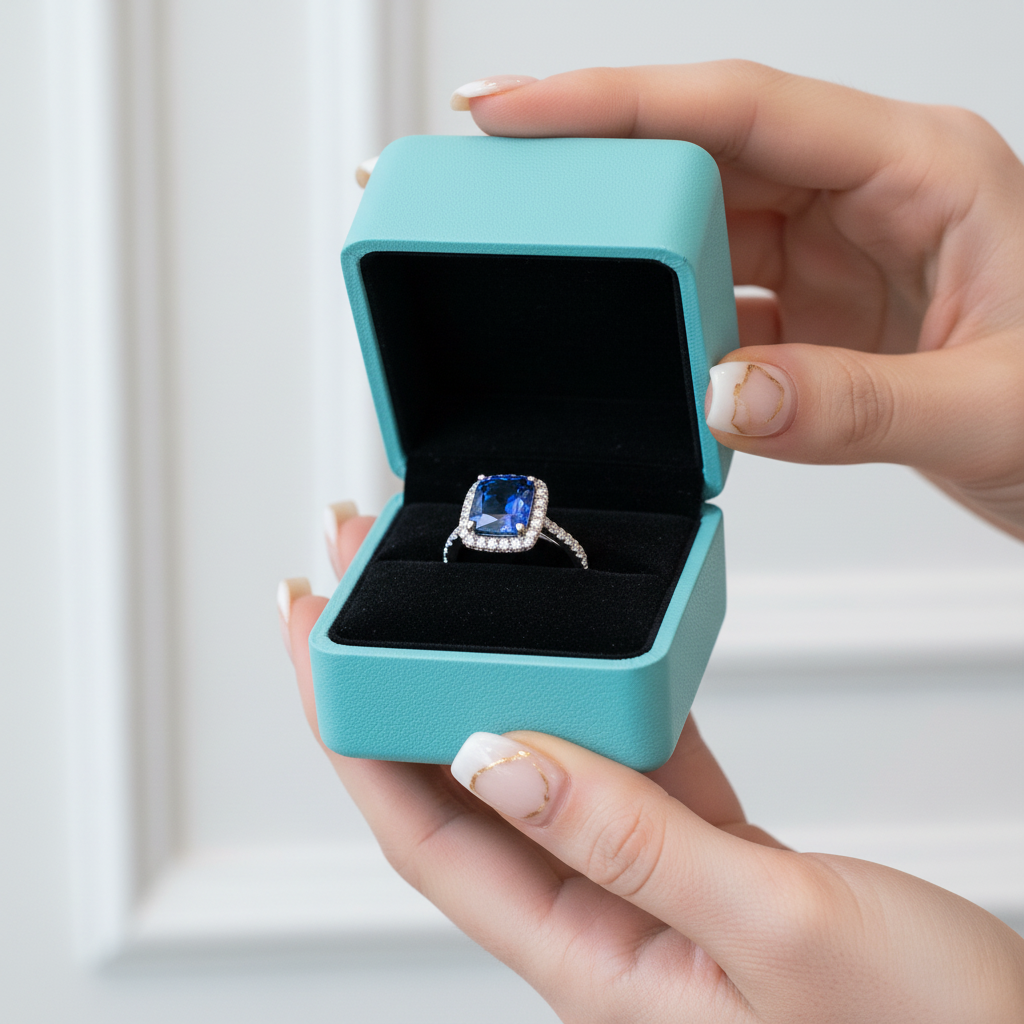 Cushion Cut 8.0ct Blue Sapphire with Halo Engagement Ring