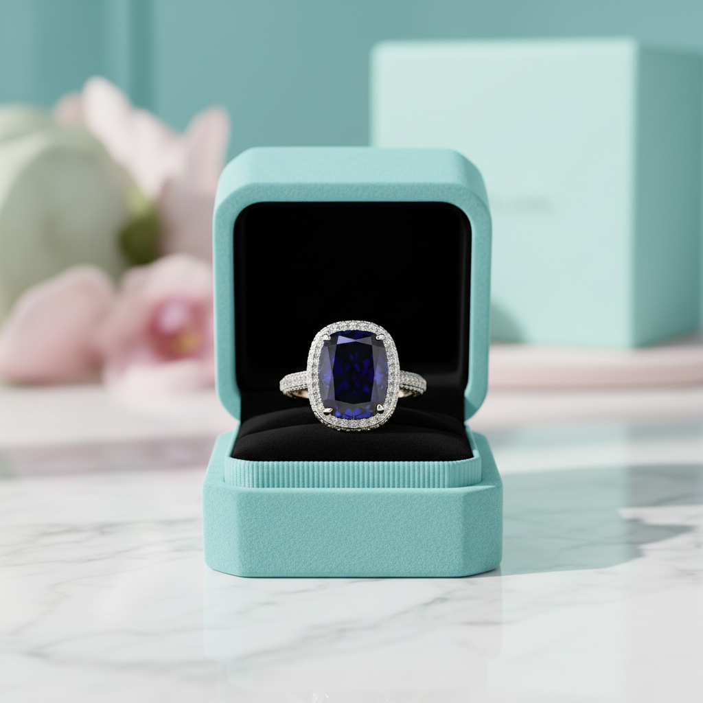 Cushion Cut 8.0ct Blue Sapphire with Halo Engagement Ring - Evani Naomi Jewelry