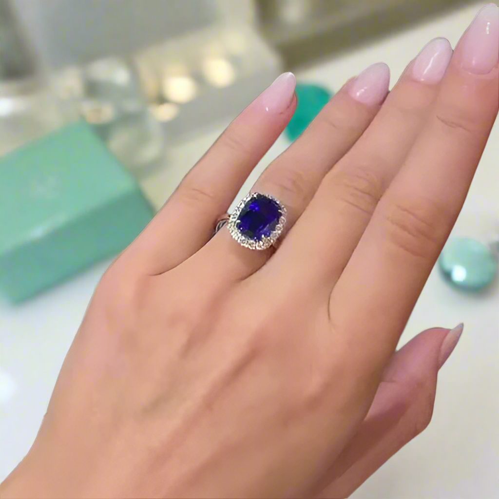 Cushion Cut Blue Sapphire with Halo Engagement Ring-Evani Jewelry