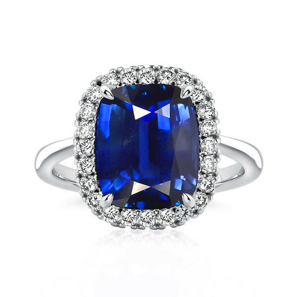 Cushion Cut Blue Sapphire with Halo Engagement Ring-Evani Jewelry