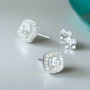 Cushion Cut Diamond 14K White Gold Halo Stud Earrings-Evani Naomi Jewelry