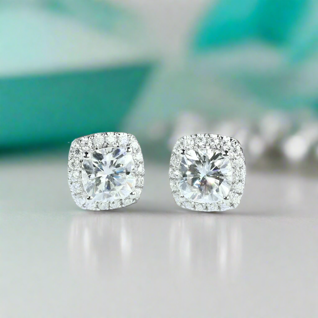 Cushion Cut Diamond 14K White Gold Halo Stud Earrings-Evani Naomi Jewelry