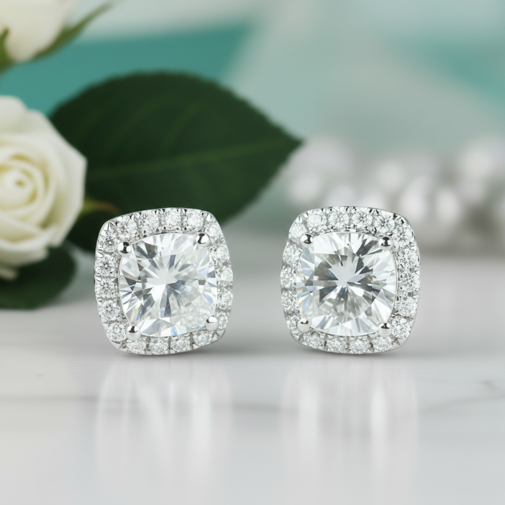 Cushion Cut Diamond 14K White Gold Halo Stud Earrings-Evani Jewelry