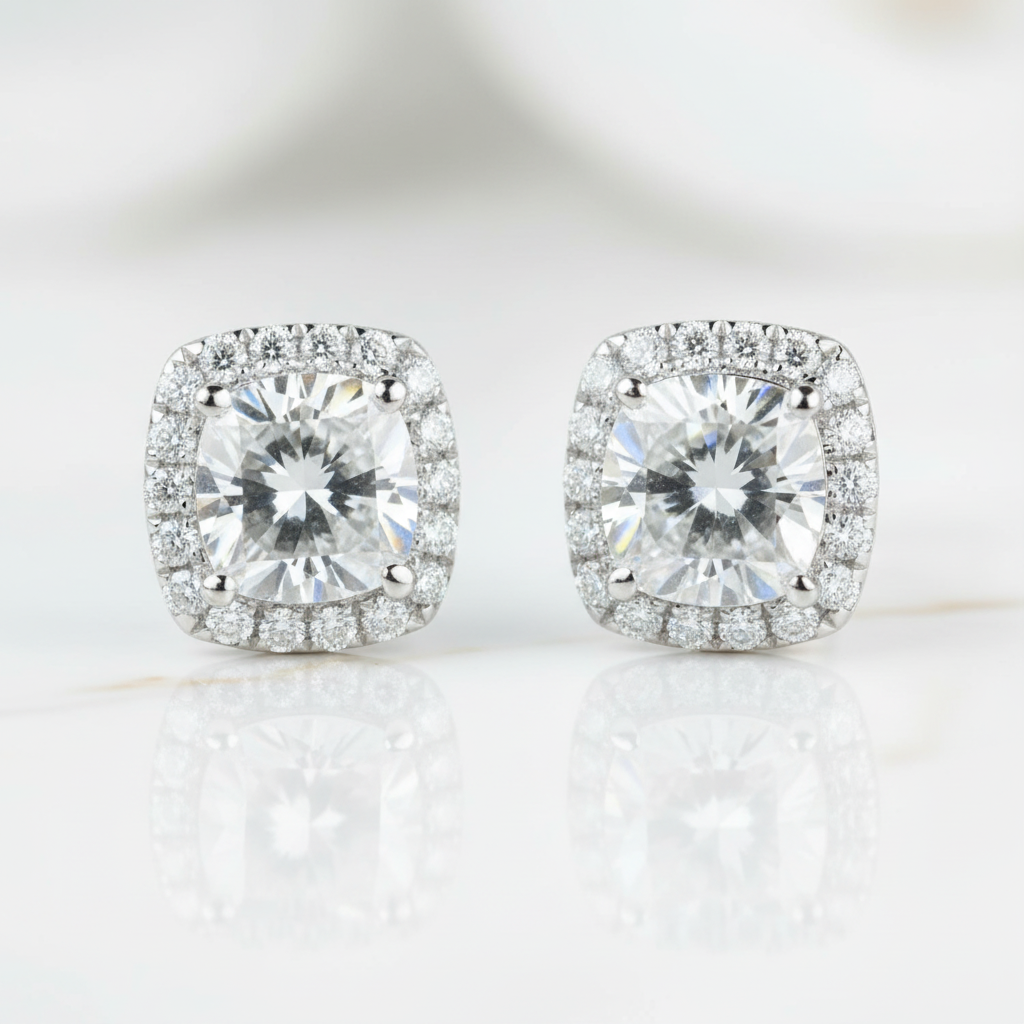 Cushion Cut Diamond Option14K White Gold Halo Stud Earrings - Evani Naomi Jewelry