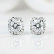 Cushion Cut Diamond Option14K White Gold Halo Stud Earrings - Evani Naomi Jewelry