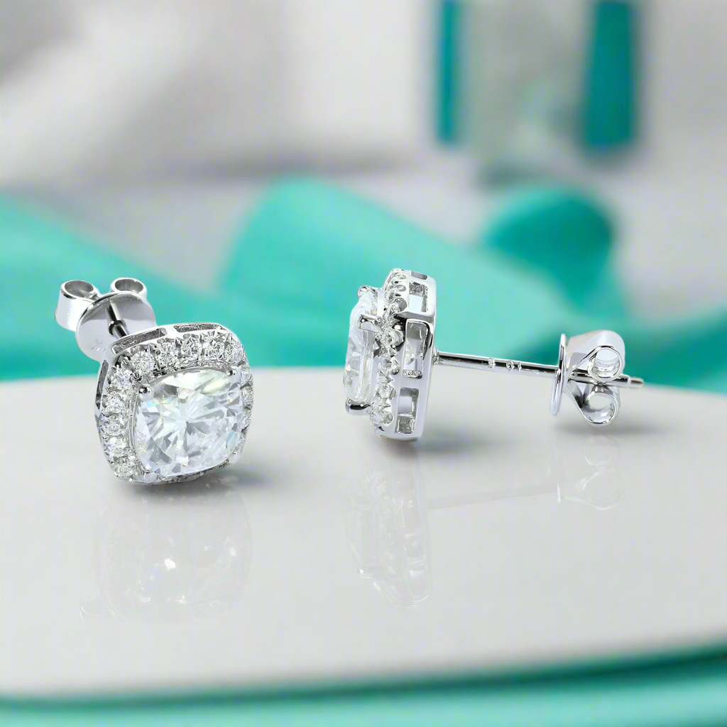 Cushion Cut Diamond 14K White Gold Halo Stud Earrings-Evani Naomi Jewelry