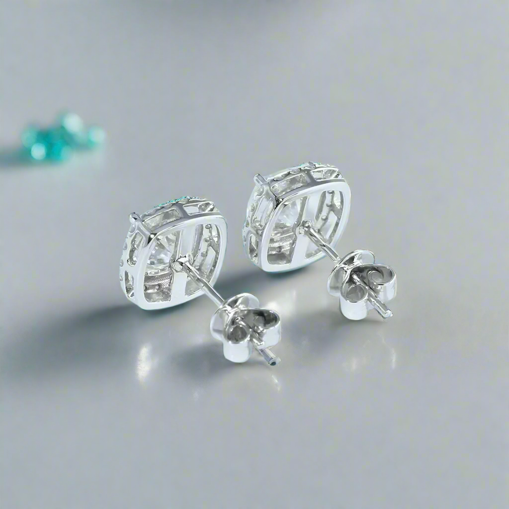 Cushion Cut Diamond 14K White Gold Halo Stud Earrings-Evani Naomi Jewelry