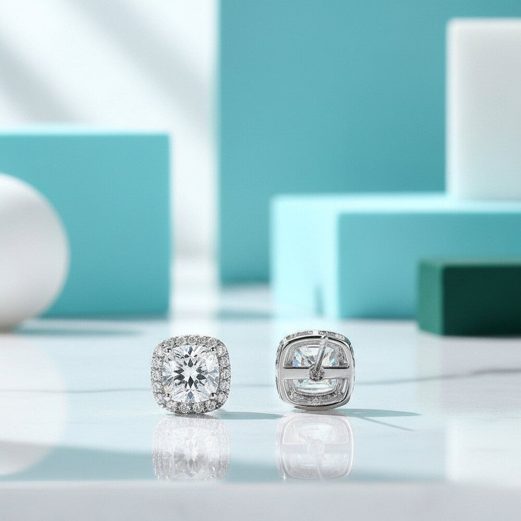 Cushion Cut Diamond 14K White Gold Halo Stud Earrings-Evani Jewelry