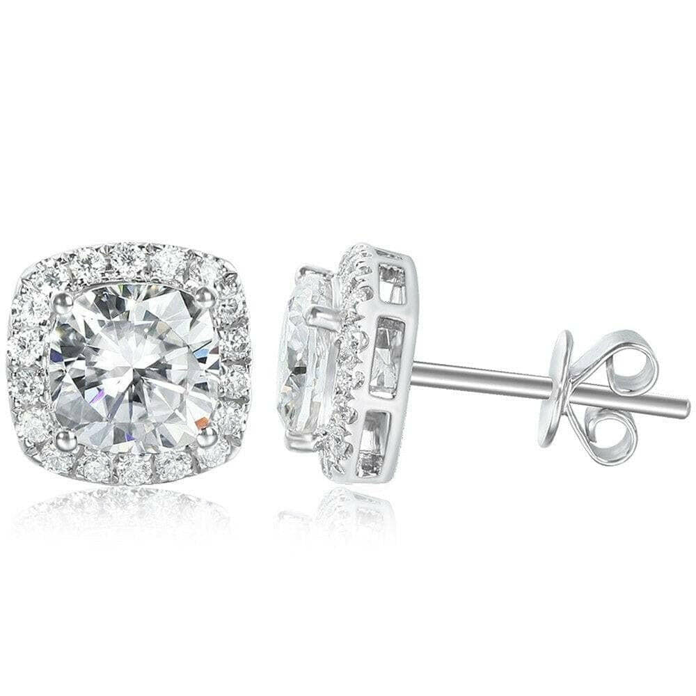 Cushion Cut Diamond 14K White Gold Halo Stud Earrings-Evani Naomi Jewelry
